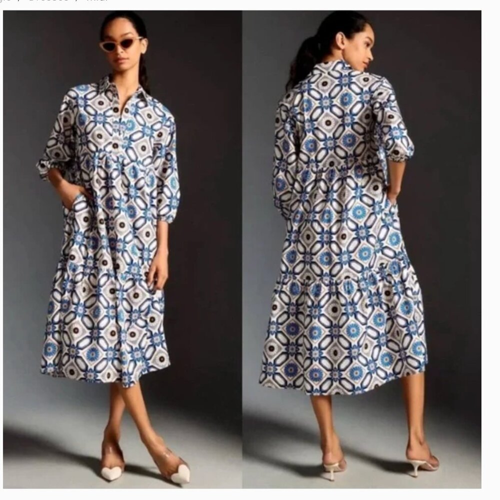 Anthropologie Bettina Blue and White Geometric Midi Dress